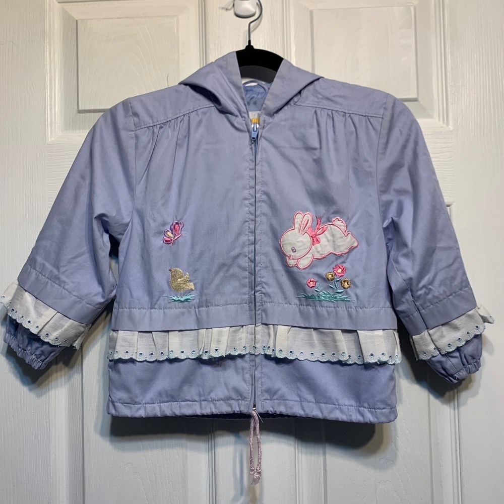 London Fog Vintage Hooded Jacket 4T Lavender Embroidered Bunny Ruffle Coquette